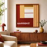Sun-Baked Terra SQ086 framed textile art with white, cream, terracotta, and ochre geometric yarn composition.