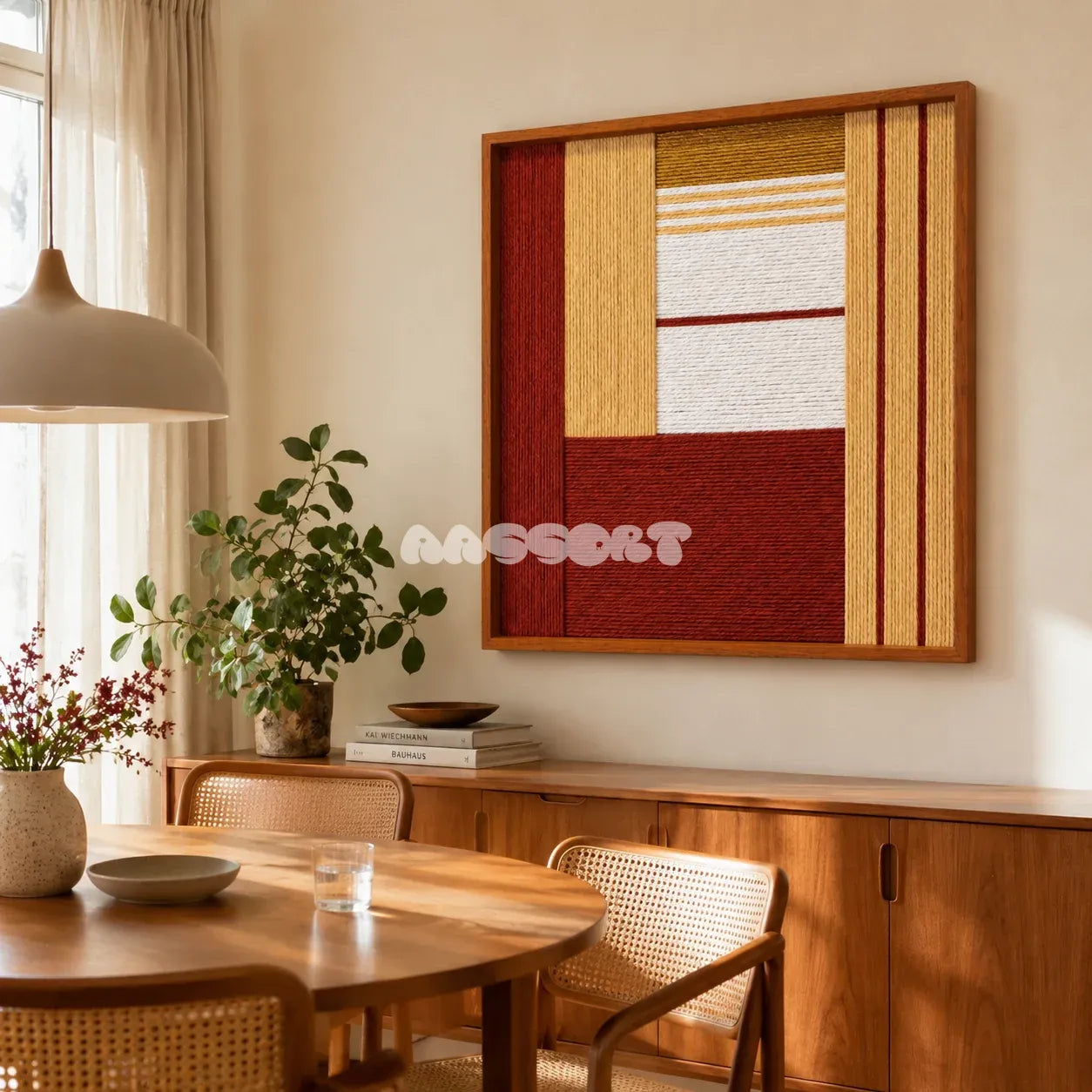 Sun-Baked Terra SQ086 framed fiber artwork featuring layered geometric blocks and soft cotton cord texture.