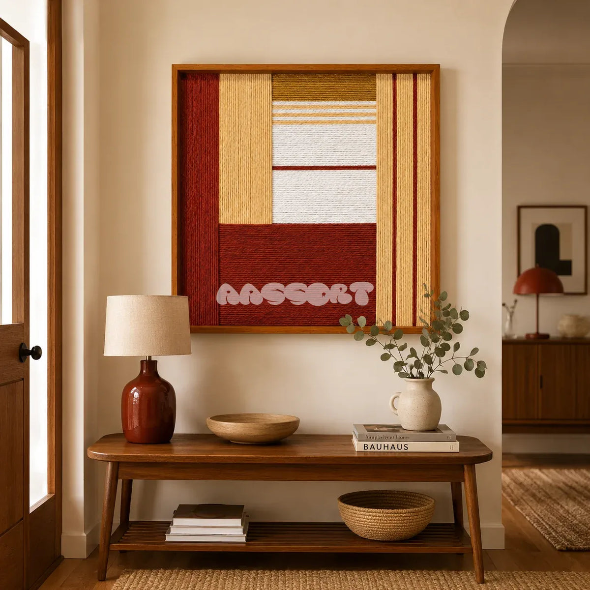Sun-Baked Terra SQ086 modern geometric yarn wall art in a minimalist framed presentation.