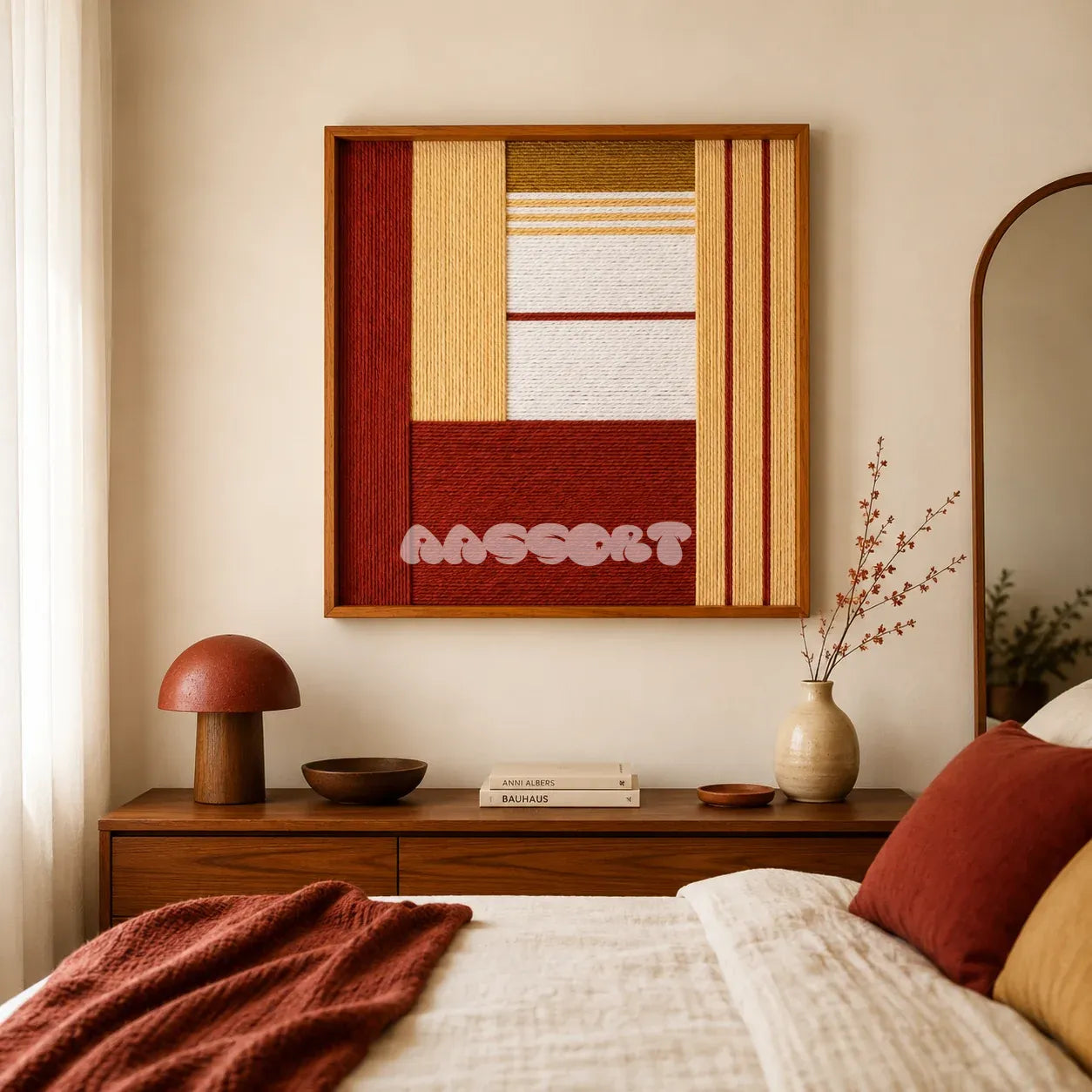 Sun-Baked Terra SQ086 abstract textile artwork with pure white and cream tones accented by terracotta and ochre.