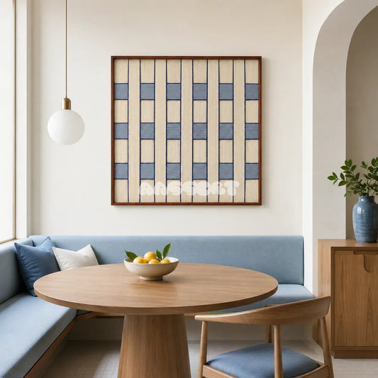 Winter Stationery SQ087 framed textile art with off-white and slate blue geometric yarn columns.