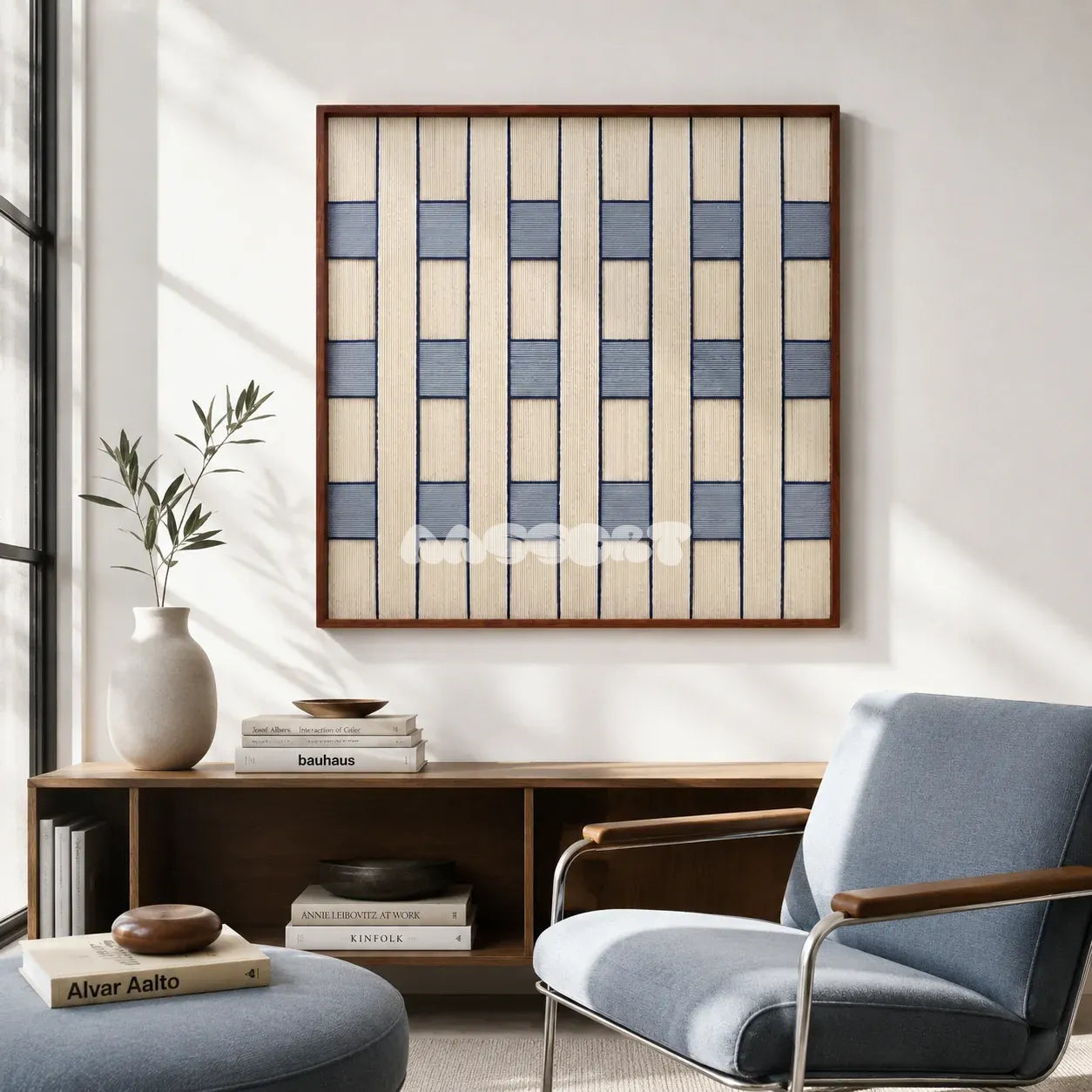 Winter Stationery SQ087 geometric textile wall art displayed as a serene modern interior statement piece.