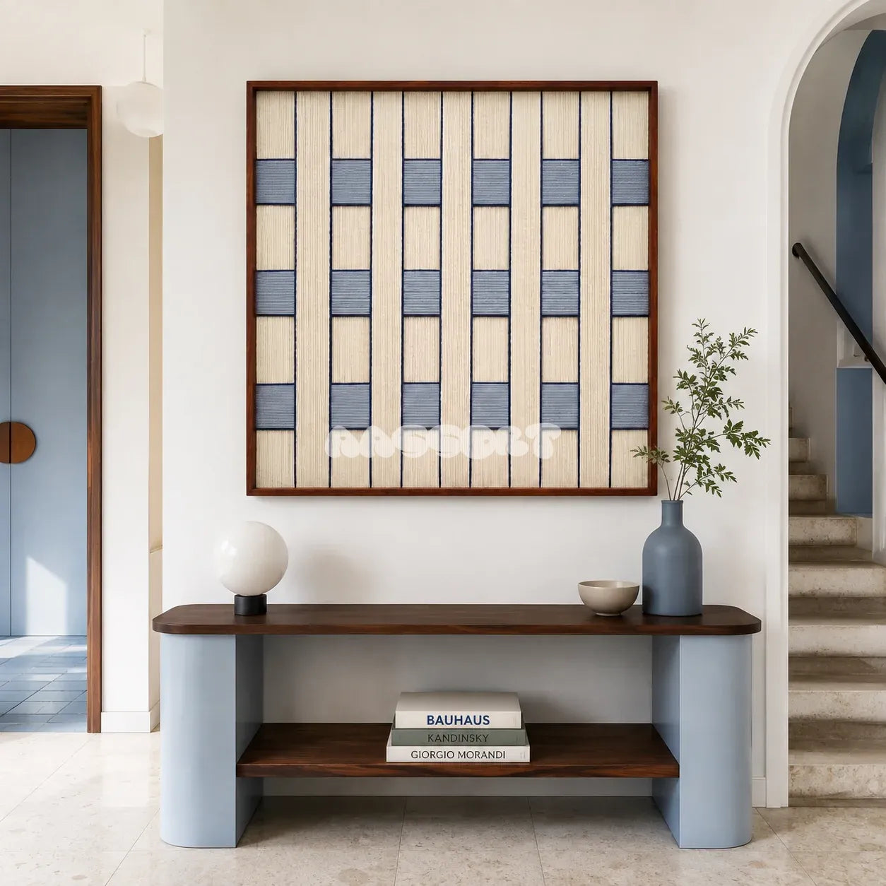 Winter Stationery SQ087 framed fiber artwork featuring a rhythmic grid of soft cotton cord off-white and blue yarn.