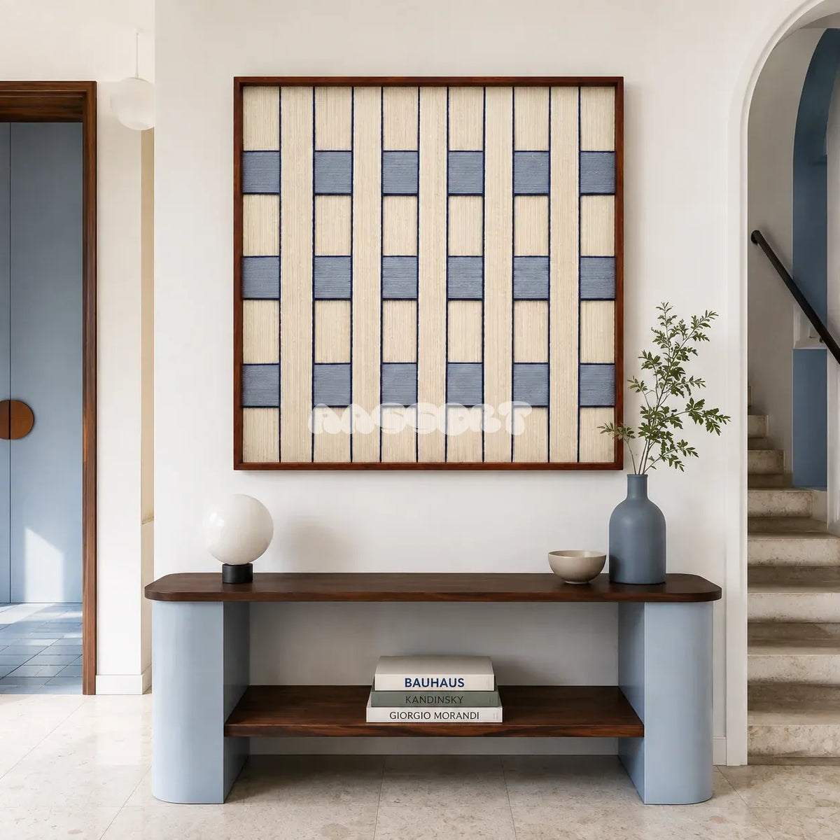 Winter Stationery SQ087 framed fiber artwork featuring a rhythmic grid of soft cotton cord off-white and blue yarn.