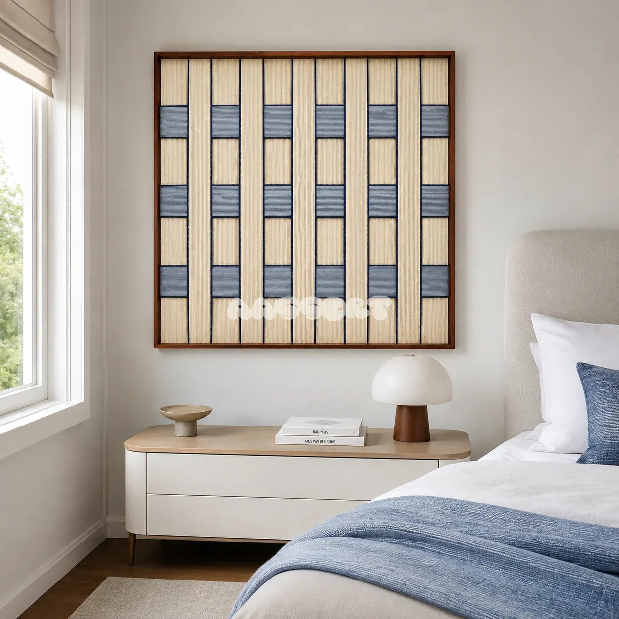 Winter Stationery SQ087 abstract textile artwork with repeating off-white columns and slate blue accents.