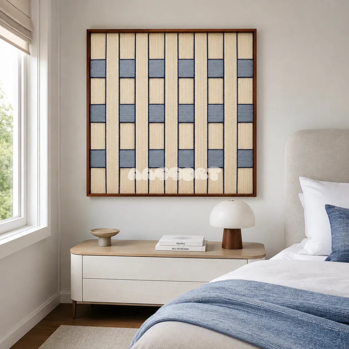 Winter Stationery SQ087 abstract textile artwork with repeating off-white columns and slate blue accents.