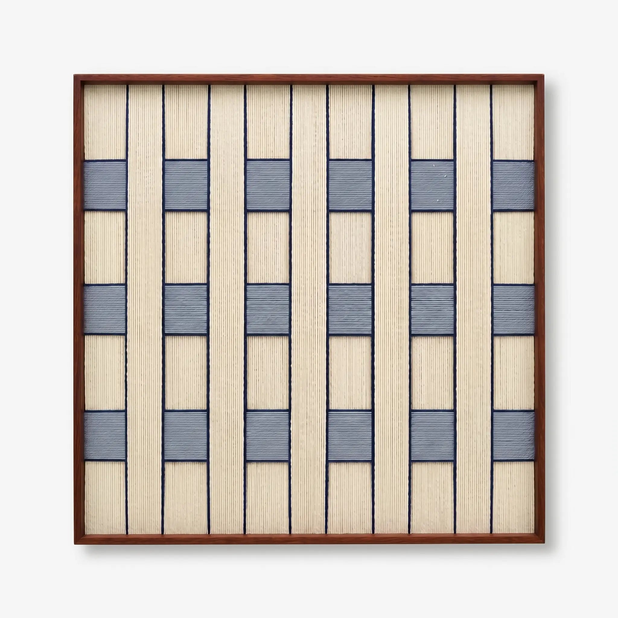 Front view of Winter Stationery SQ087 geometric yarn wall art in a dark square frame on a white background.
