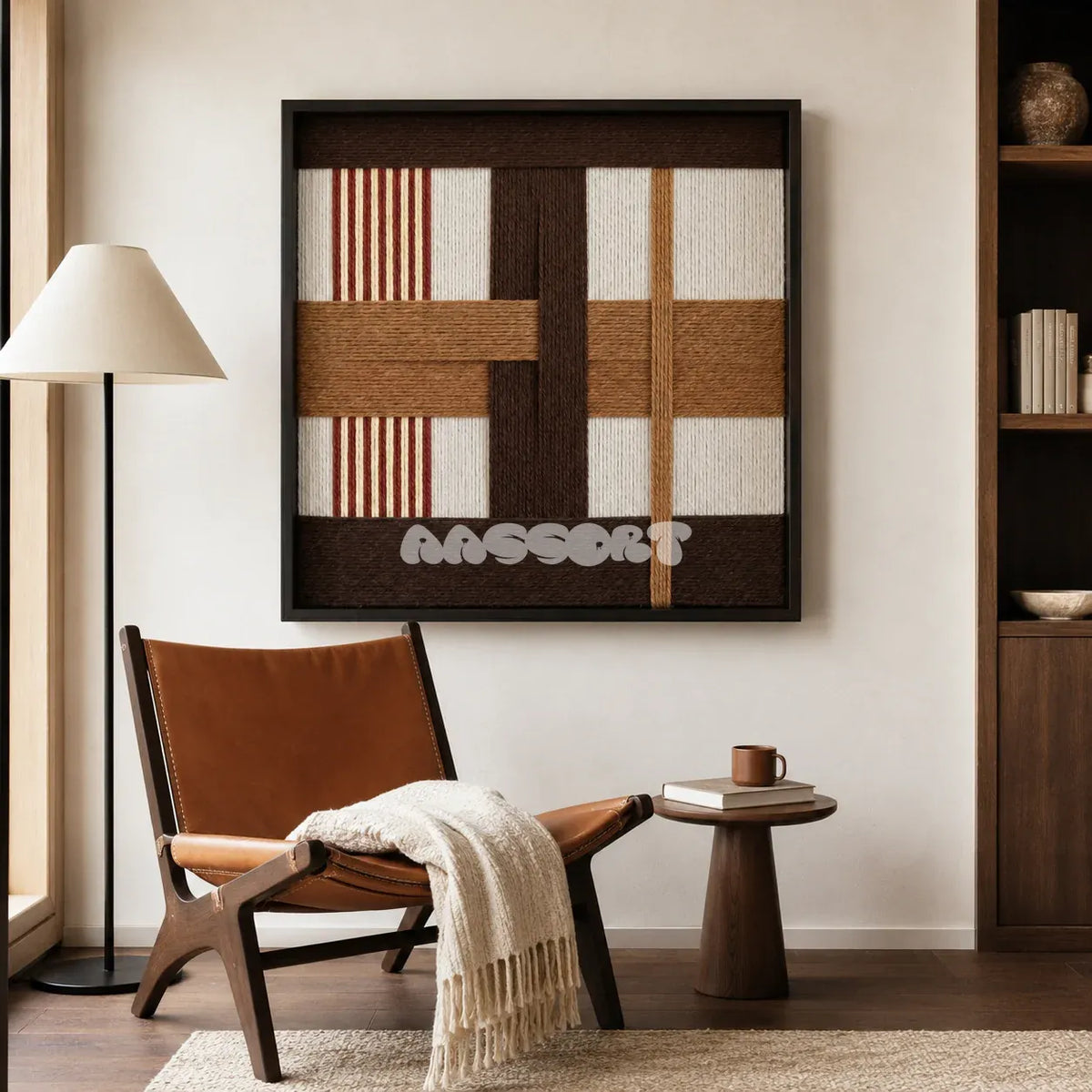 Pulse of the Soil SQ088 geometric textile wall art displayed as a warm organic modern interior statement piece.
