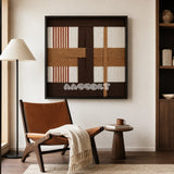 Pulse of the Soil SQ088 geometric textile wall art displayed as a warm organic modern interior statement piece.