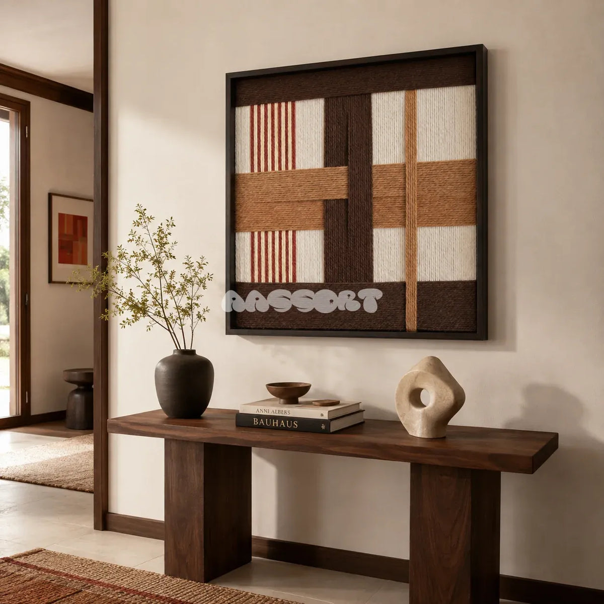 Pulse of the Soil SQ088 framed fiber artwork featuring overlapping earthy geometric blocks and tactile yarn texture.