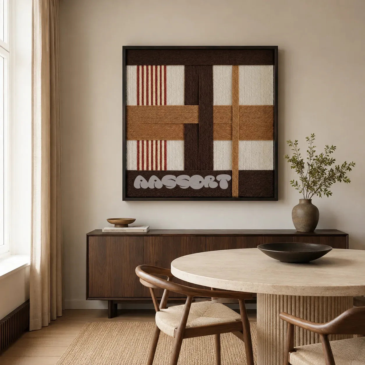 Pulse of the Soil SQ088 abstract textile artwork with off-white, cream, toasted sand, and deep brown tones.