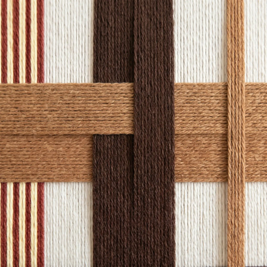 Macro view of Pulse of the Soil SQ088 showing interlocking brown and terracotta hand-wrapped yarn textures.