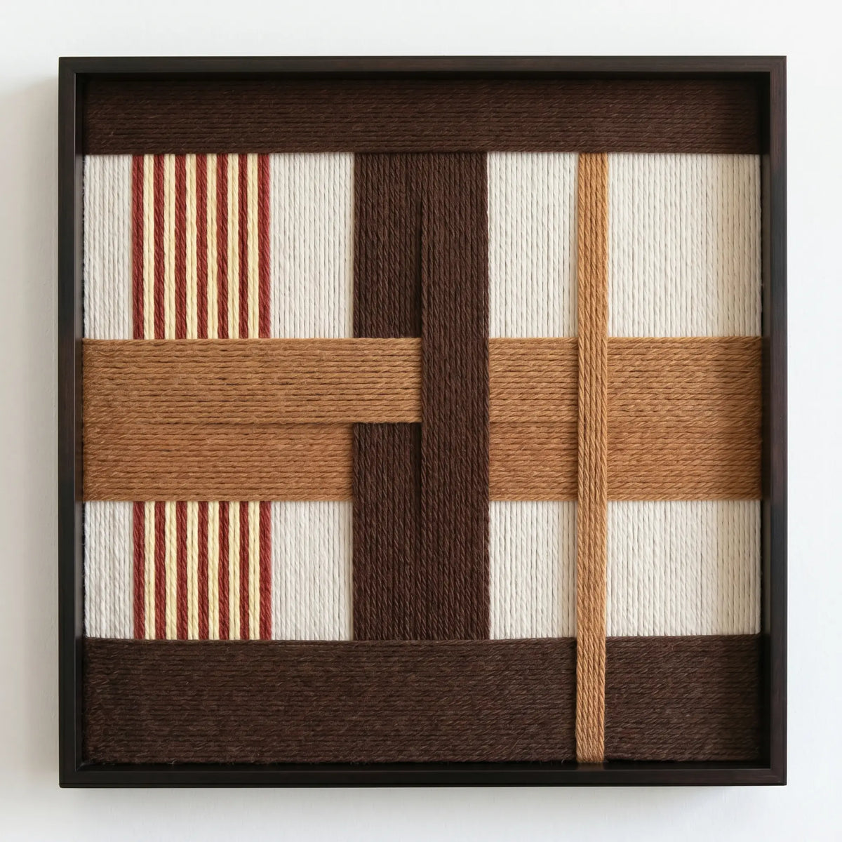 Front view of Pulse of the Soil SQ088 geometric yarn wall art in a black square frame on a white background.