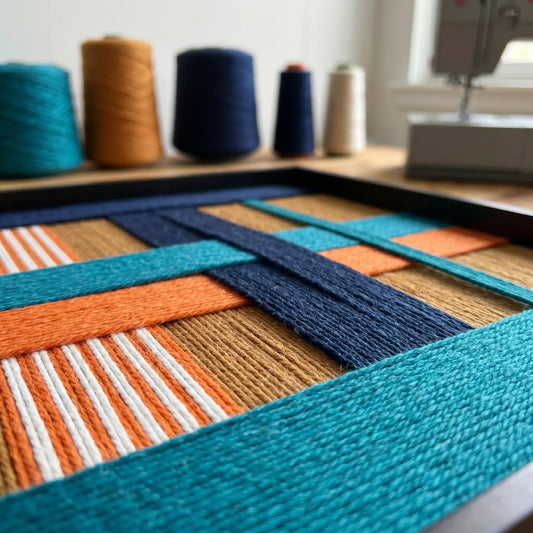 Low-angle studio view of Tropical Glow SQ089 with colorful yarn spools highlighting its hand-wrapped craftsmanship.