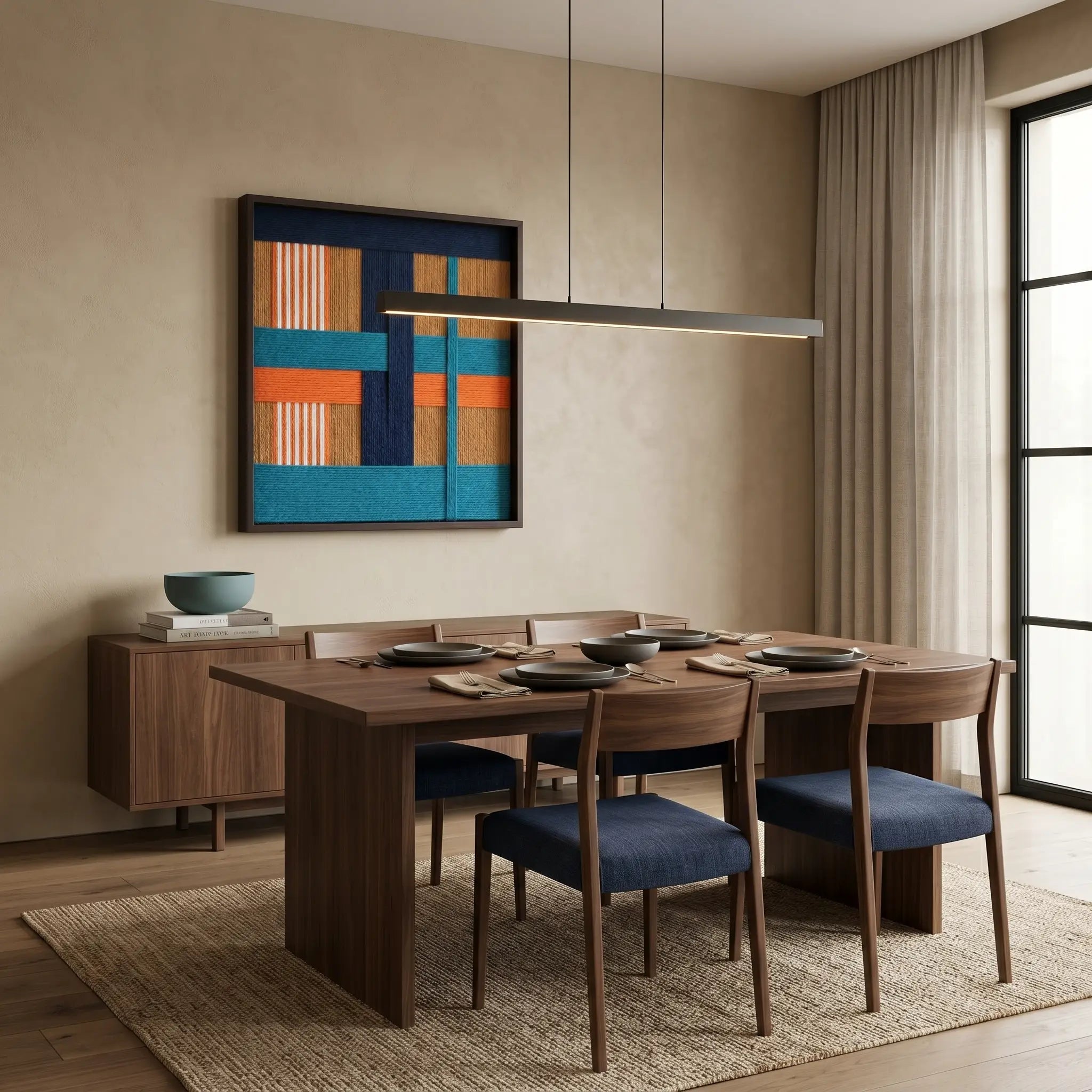 Tropical Glow SQ089 teal and orange textile wall art styled in a contemporary dining room.