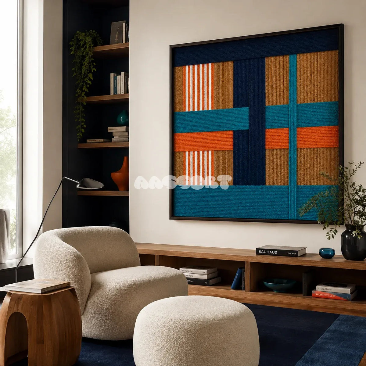 Tropical Glow SQ089 framed fiber artwork featuring layered geometric blocks and tactile yarn texture.