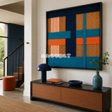 Tropical Glow SQ089 abstract textile artwork with peacock blue and citrus orange accents over white and tan.