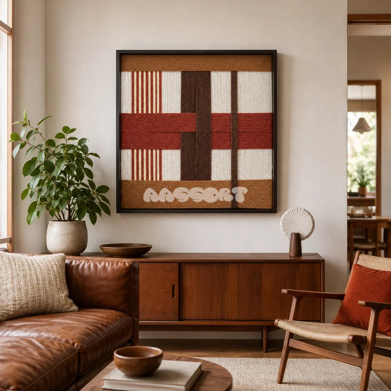 Terracotta Script SQ090 framed textile art with off-white, cream, terracotta, cocoa, and ochre geometric yarn layers.