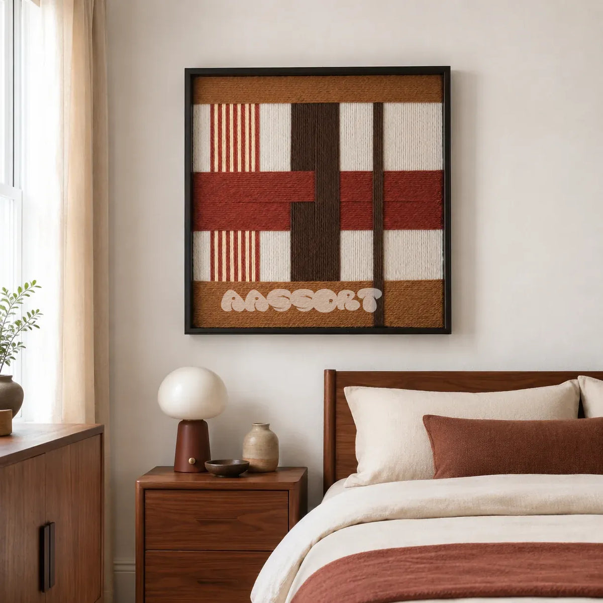 Terracotta Script SQ090 geometric textile wall art displayed as a warm modern interior statement piece.