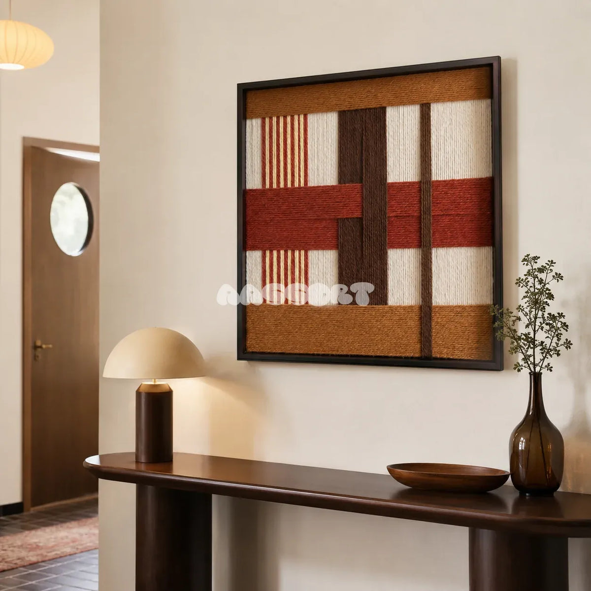 Terracotta Script SQ090 framed fiber artwork featuring overlapping earthy geometric blocks and tactile yarn texture.