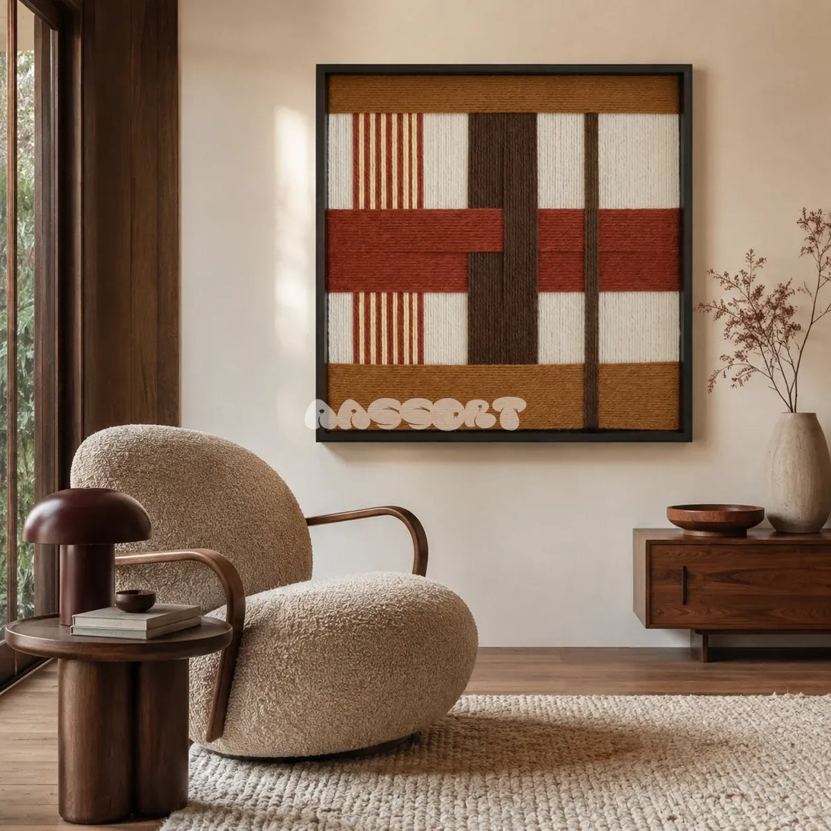Terracotta Script SQ090 modern geometric yarn wall art in a minimalist framed presentation.