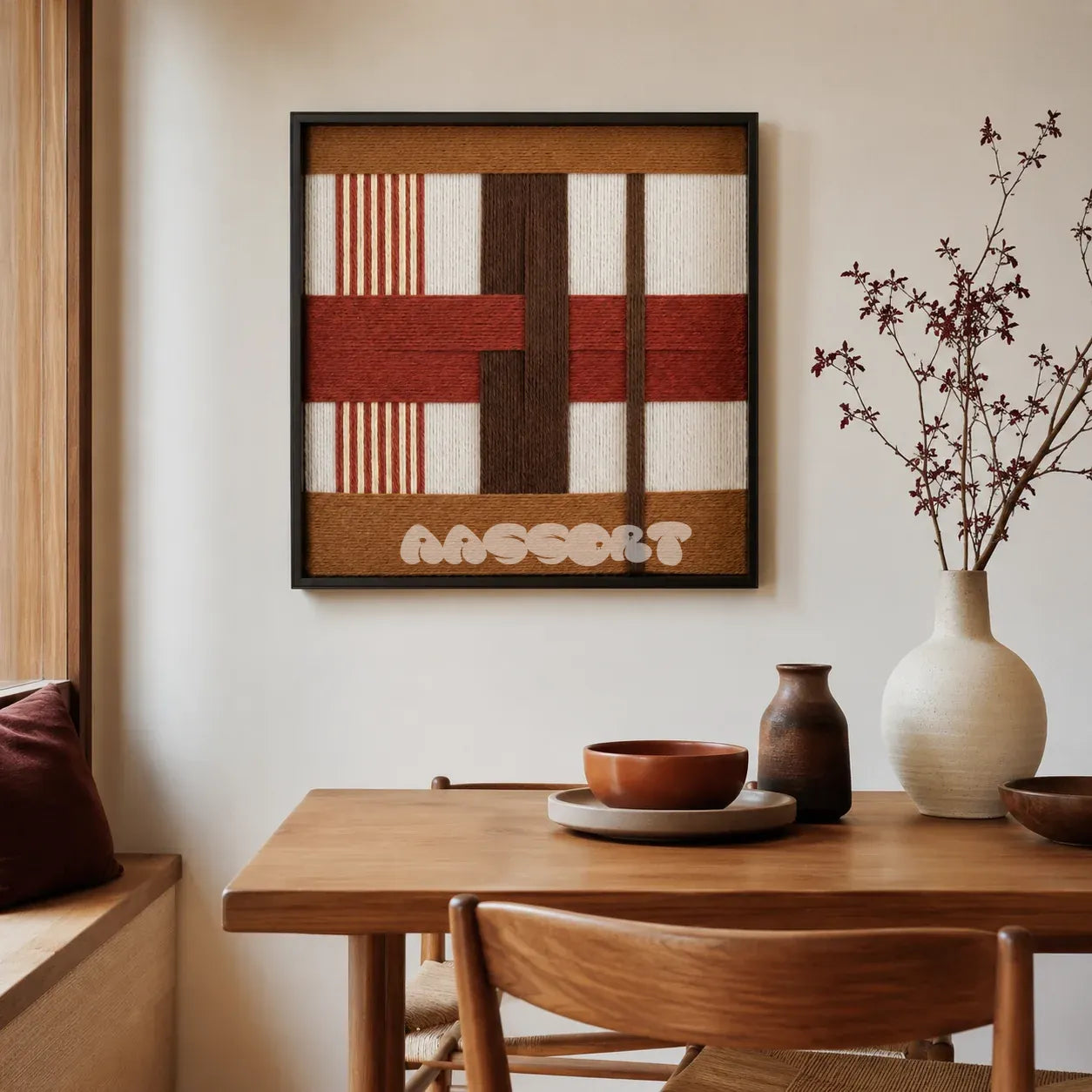 Terracotta Script SQ090 abstract textile artwork with cream and off-white tones accented by terracotta, cocoa, and ochre.