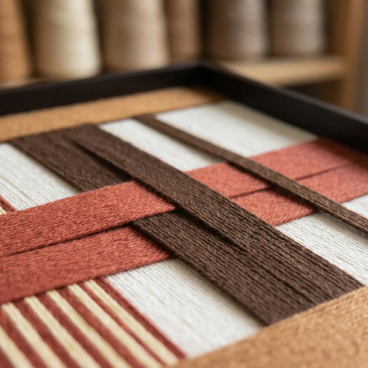 Low-angle studio close-up of Terracotta Script SQ090 highlighting interlocking hand-wrapped yarn layers.
