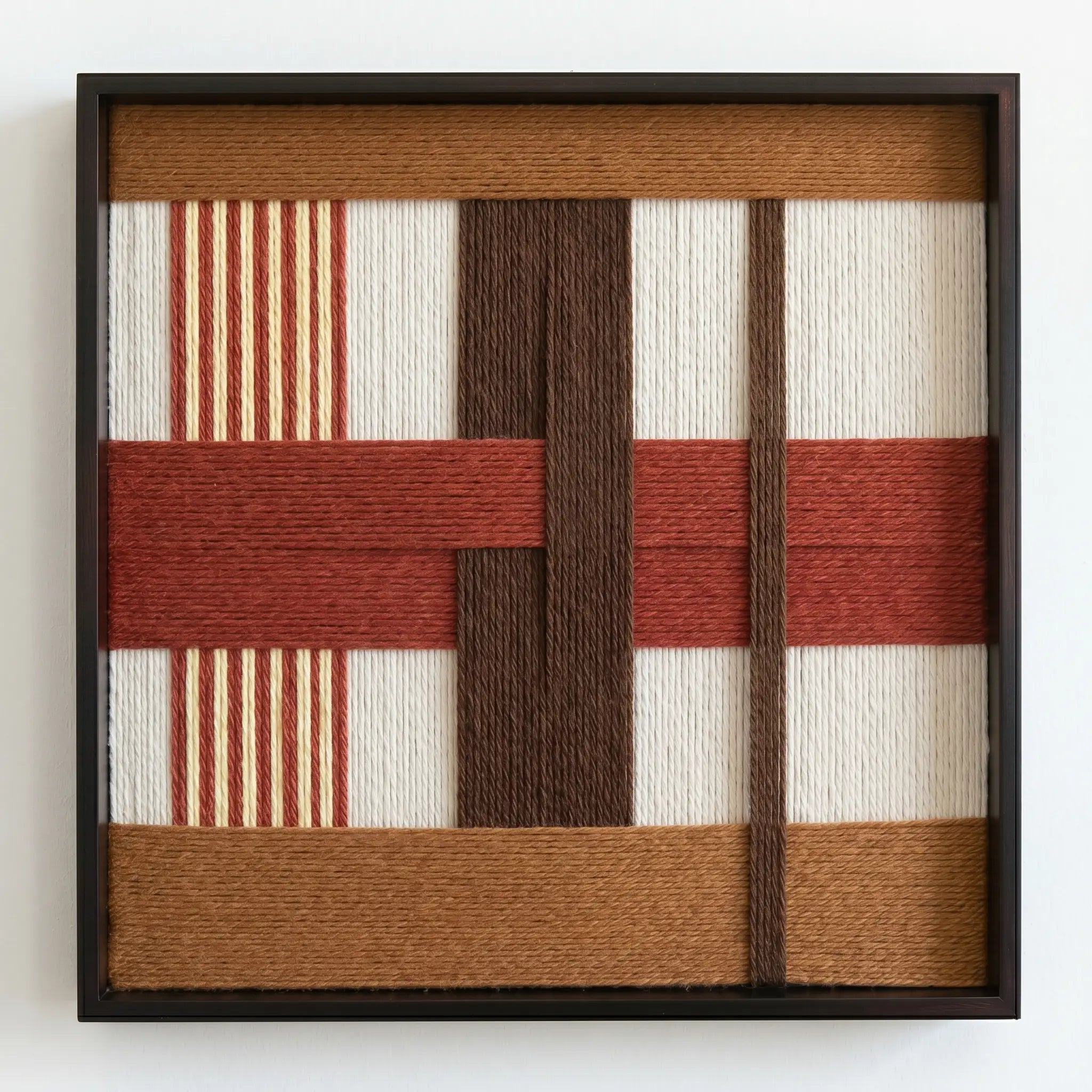 Front view of Terracotta Script SQ090 geometric yarn wall art in a black square frame on a white background.