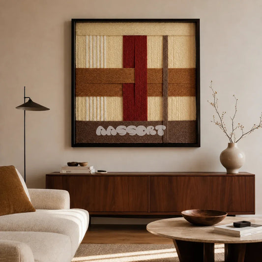 Captured Radiance SQ091 framed textile art with off-white, cream, clay red, toasted sand, and umber yarn layers.