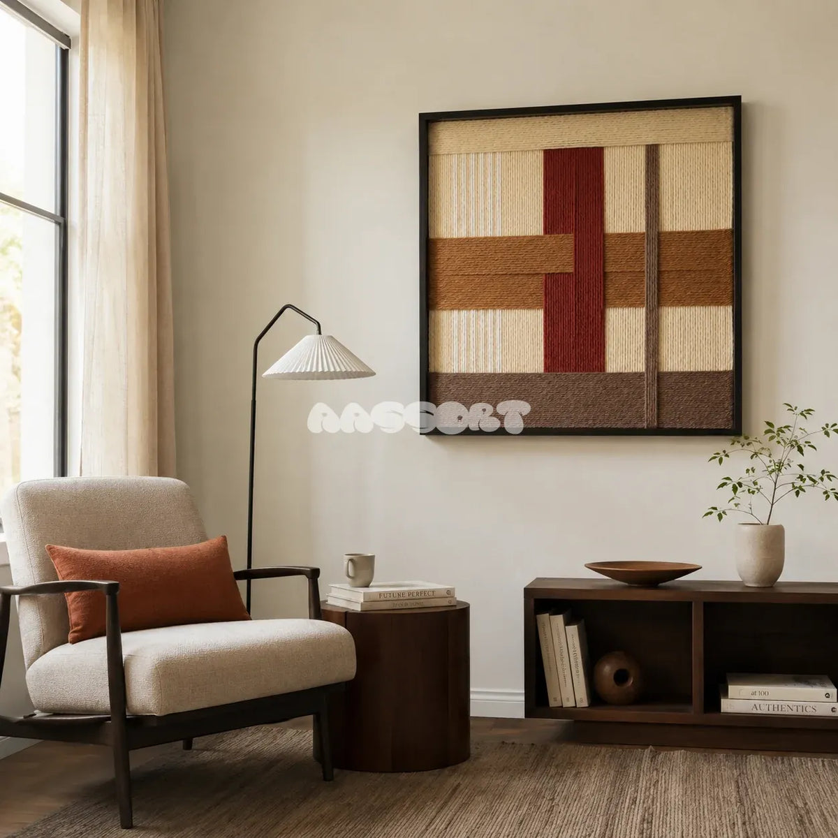 Captured Radiance SQ091 framed fiber artwork featuring overlapping earthy geometric blocks and tactile yarn texture.