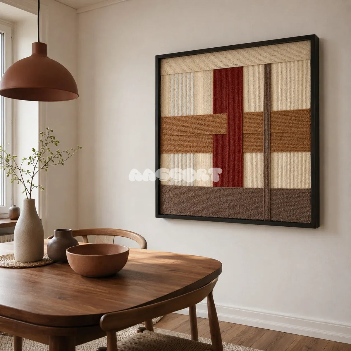 Captured Radiance SQ091 abstract textile artwork with cream and off-white tones accented by clay red and toasted sand.