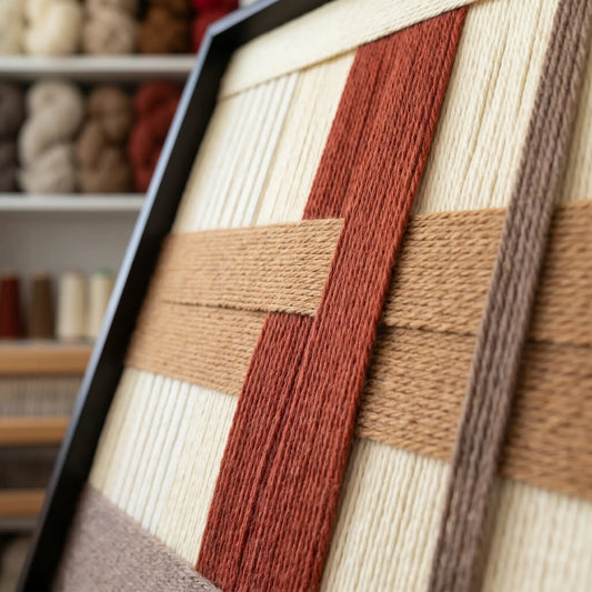 Angled close-up of Captured Radiance SQ091 showing dense hand-wrapped yarn and intricate geometric texture.