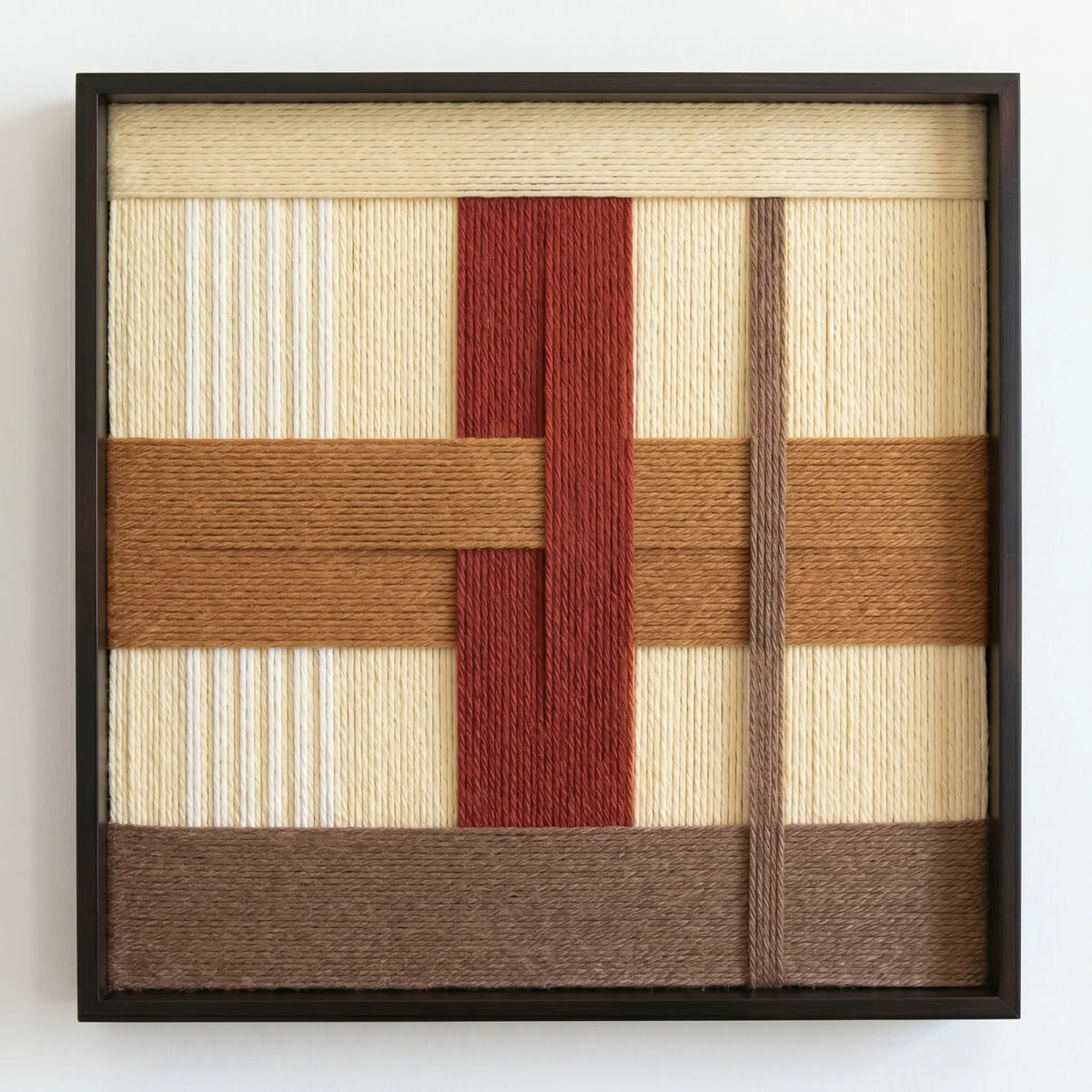 Front view of Captured Radiance SQ091 geometric yarn wall art in a black square frame on a white background.