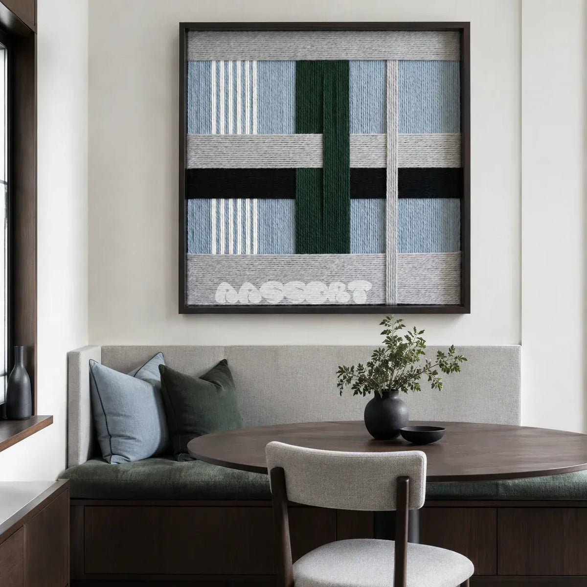Moonlight Glade SQ092 framed fiber artwork featuring overlapping cool-toned geometric blocks and tactile yarn texture.