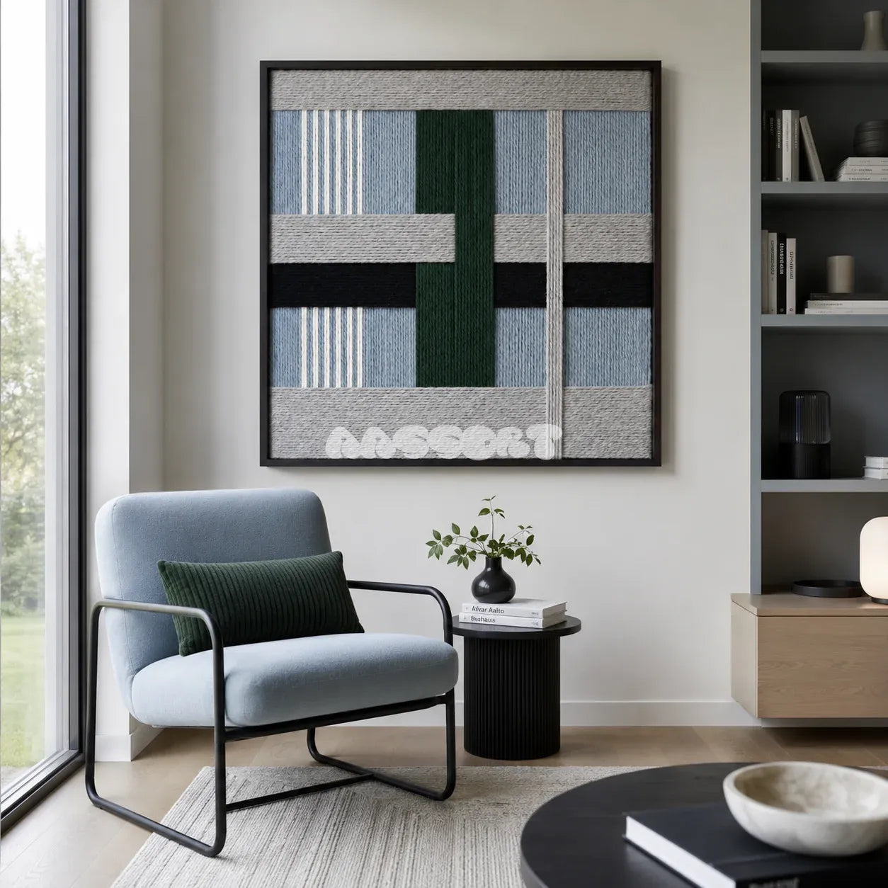 Moonlight Glade SQ092 modern geometric yarn wall art in a minimalist framed presentation.