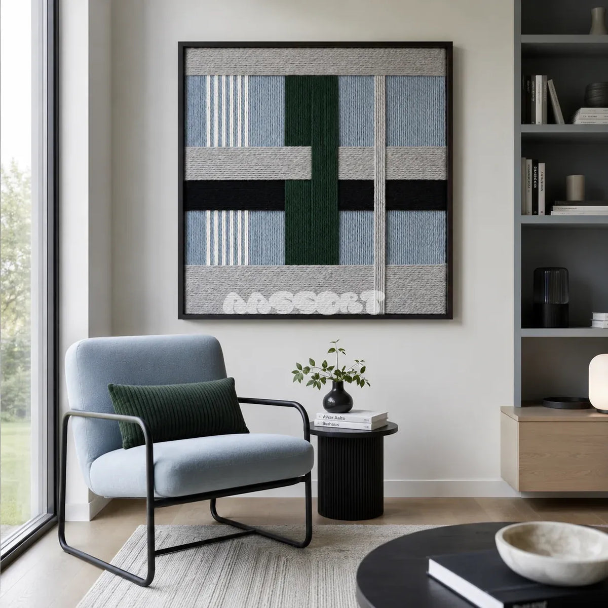 Moonlight Glade SQ092 modern geometric yarn wall art in a minimalist framed presentation.