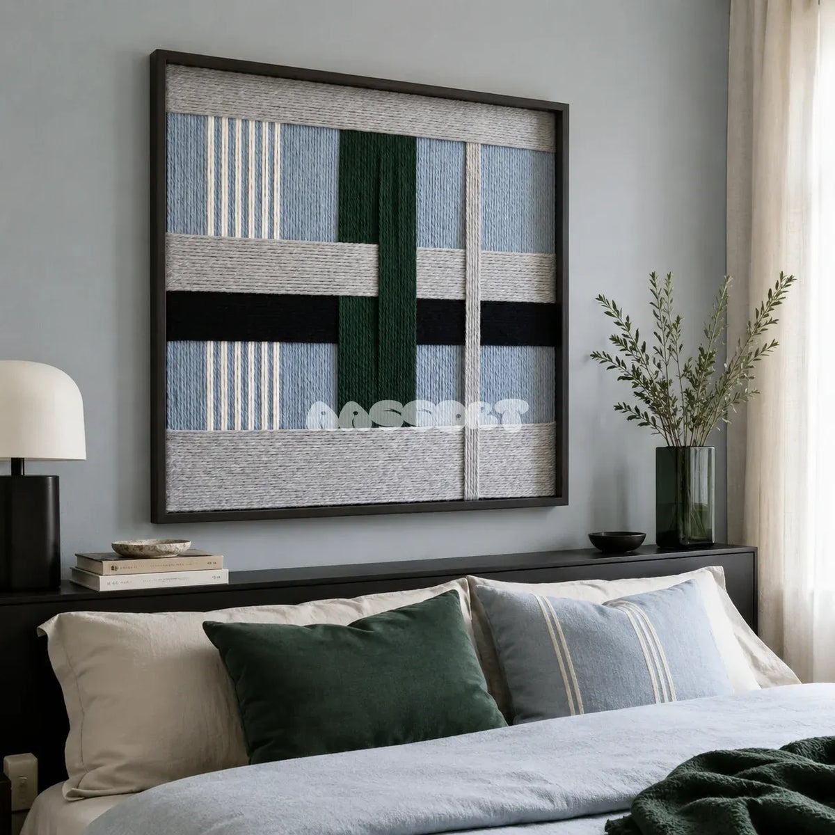 Moonlight Glade SQ092 abstract textile artwork with white and gray tones accented by forest green and misty blue.