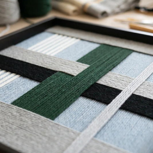 Macro view of Moonlight Glade SQ092 showing forest green, navy, and light blue hand-wrapped yarn texture.