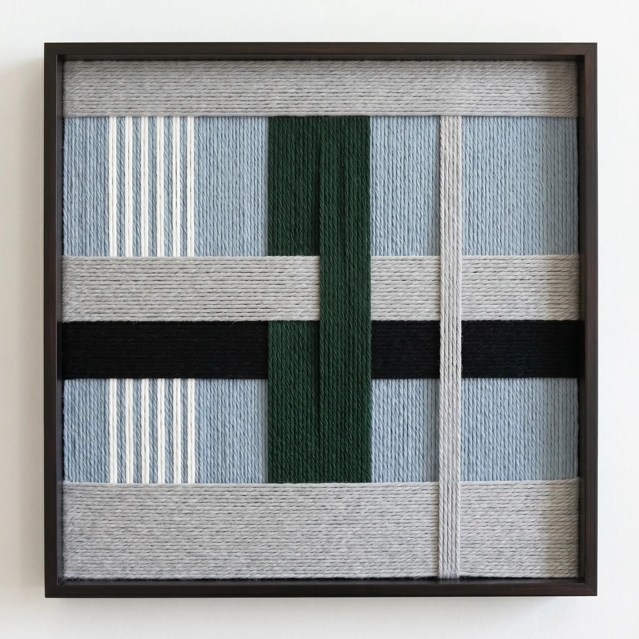 Front view of Moonlight Glade SQ092 geometric yarn wall art in a black square frame on a white background.