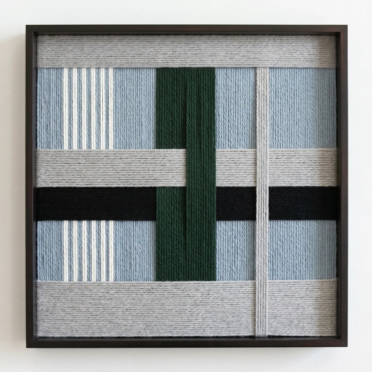 Front view of Moonlight Glade SQ092 geometric yarn wall art in a black square frame on a white background.