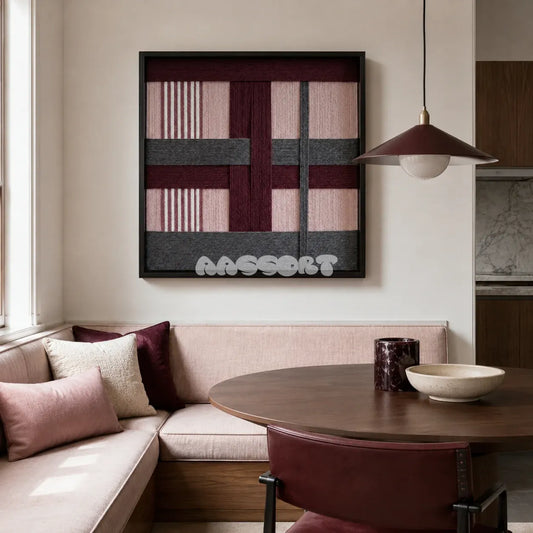 Rose Coordinates SQ093 framed textile art with dusty rose, deep burgundy, slate gray, and white geometric yarn layers.