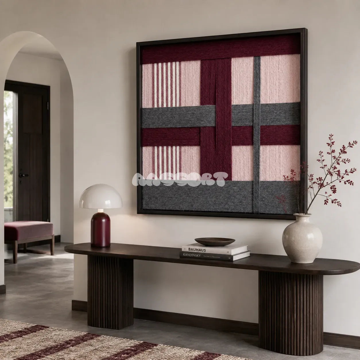 Rose Coordinates SQ093 geometric textile wall art displayed as a sophisticated modern interior statement piece.