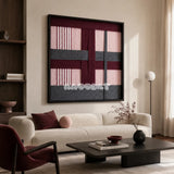 Rose Coordinates SQ093 framed fiber artwork featuring overlapping romantic geometric blocks and tactile yarn texture.