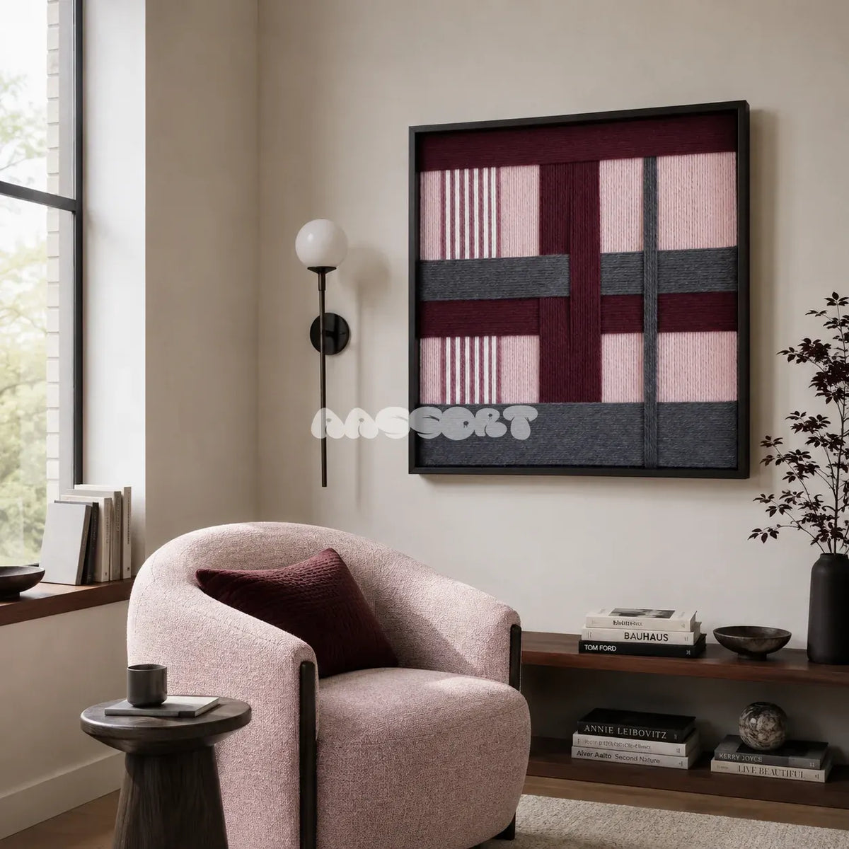 Rose Coordinates SQ093 modern geometric yarn wall art in a minimalist framed presentation.