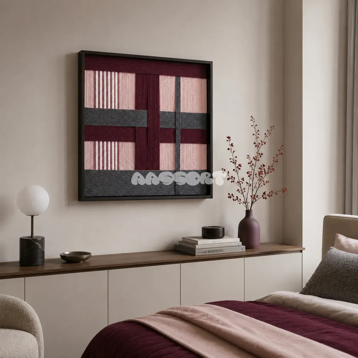 Rose Coordinates SQ093 abstract textile artwork with dusty rose and burgundy tones accented by slate gray and white.