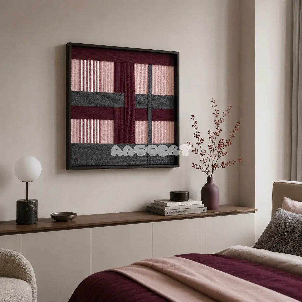 Rose Coordinates SQ093 abstract textile artwork with dusty rose and burgundy tones accented by slate gray and white.