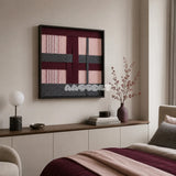 Rose Coordinates SQ093 abstract textile artwork with dusty rose and burgundy tones accented by slate gray and white.