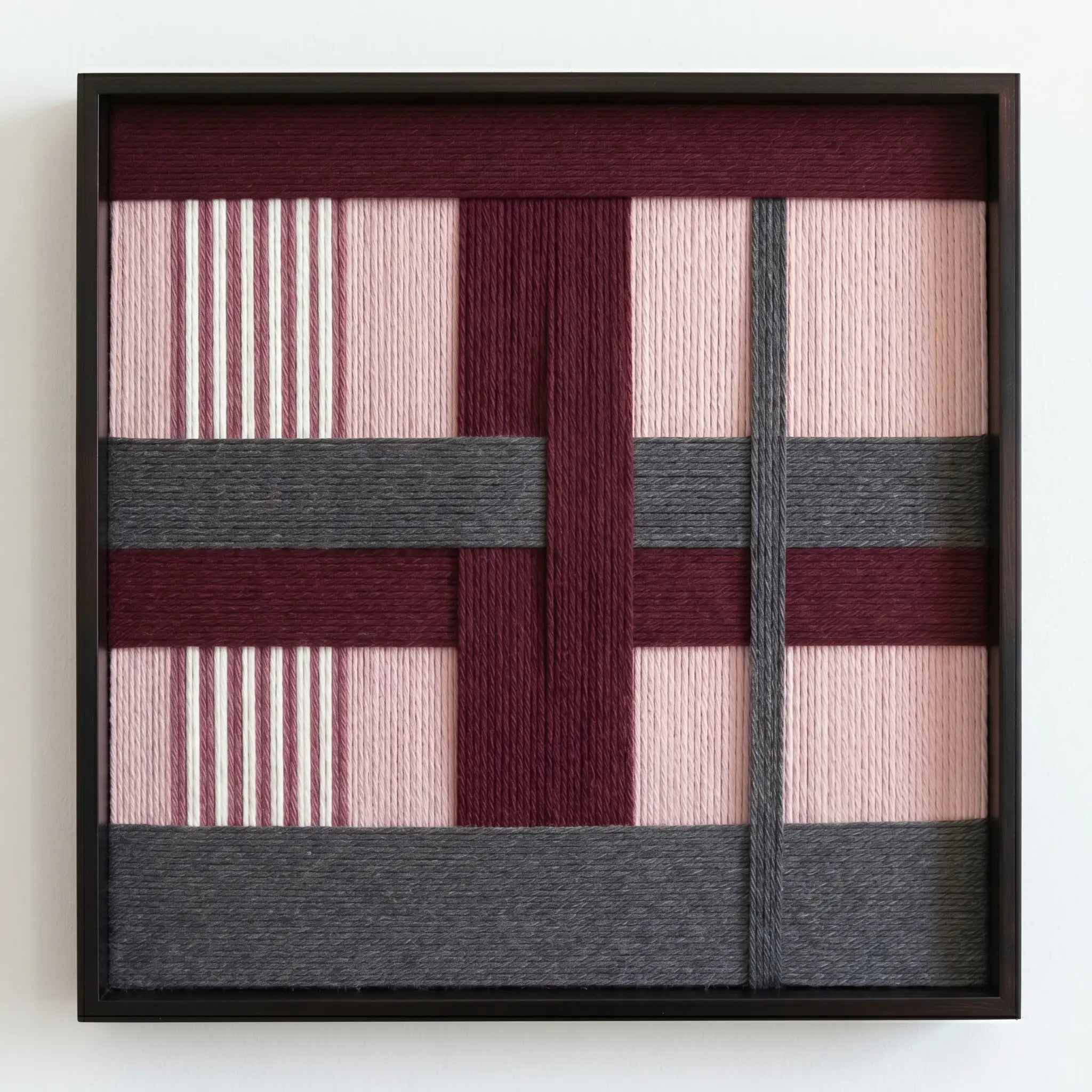 Front view of Rose Coordinates SQ093 geometric yarn wall art in a black square frame on a white background.