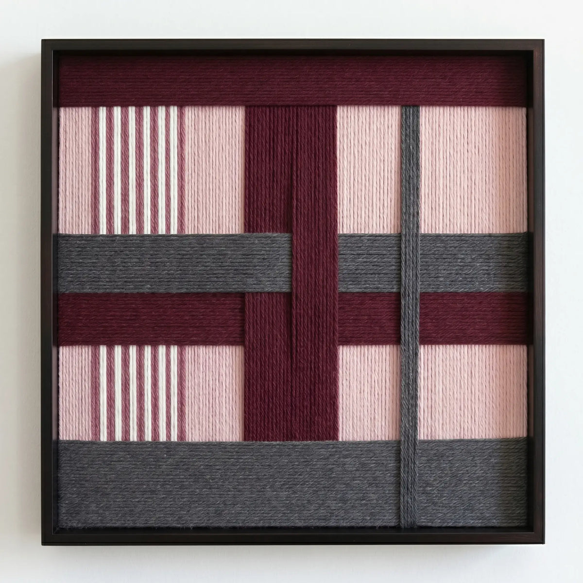 Front view of Rose Coordinates SQ093 geometric yarn wall art in a black square frame on a white background.