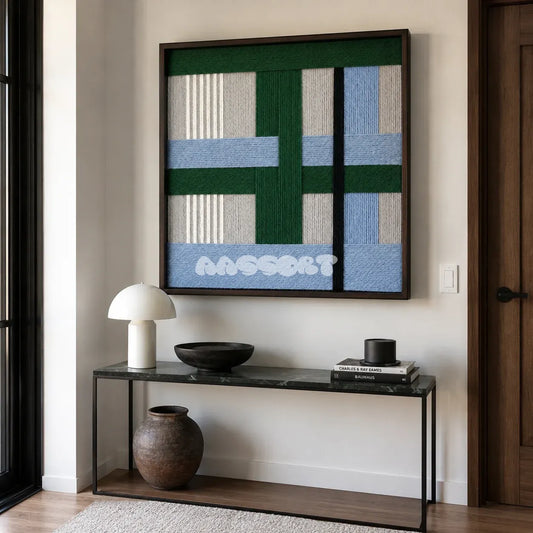 Polar Forest SQ094 framed textile art with white, ash gray, forest green, misty blue, and charcoal yarn layers.